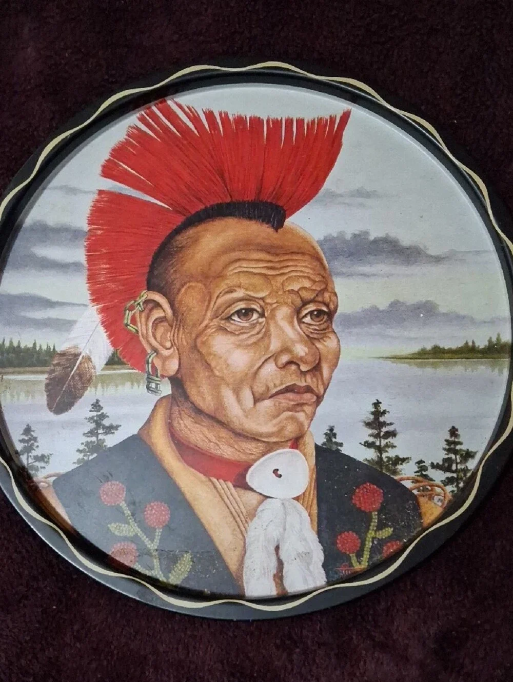 Pair of Decorative Native American Portrait Trays - Red, Yellow, Brown